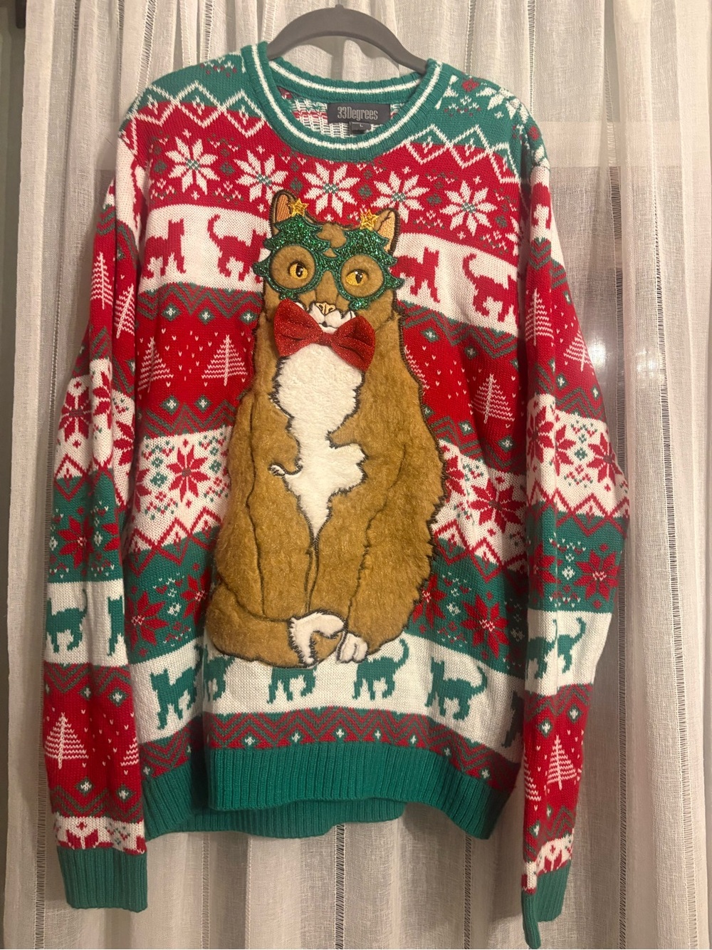 Whimsical Holiday Cat Knit Sweater - Red & Green ugly Christmas sweater